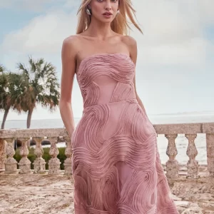 Lipsy Pink Premium 3D Textured Trim Bandeau Prom Dress