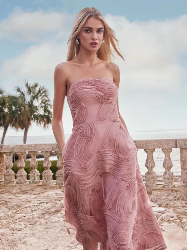 Lipsy Pink Premium 3D Textured Trim Bandeau Prom Dress